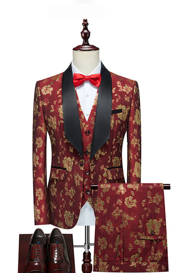 Red Jacquard Shawl Lapel 3 stykker menns dresser